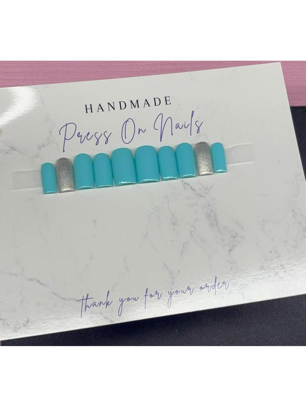 Short square Press on nails silver glitter teal light blue handmade custom gel - Picture 8 of 8